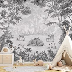 Kinderkamer behang Sleepy Bear, zwart wit, bosdieren behang, behang kinderkamer bosdieren