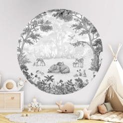 Muurcirkel groot kinderkamer, bosdieren, beer, zwart wit