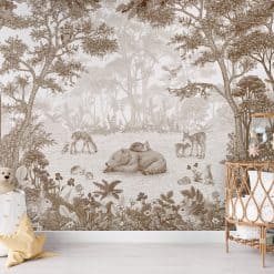 Kinderkamer behang bosdieren Sepia tint, slapende beer, hertje, babykamer