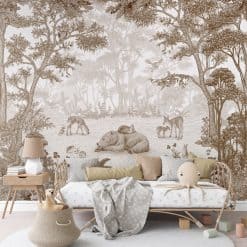 Kinderkamer behang bosdieren Sepia tint, slapende beer, hertje, babykamer