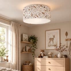 Kikki Belle Playful Forest plafondlamp kinderkamer met vosjes, konijnen, uilen en bloemen in bosdieren print