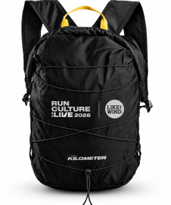 small black backpack, printed with RUN CULTURE: LIVE 2026 and Like the Wind logo, both in silver