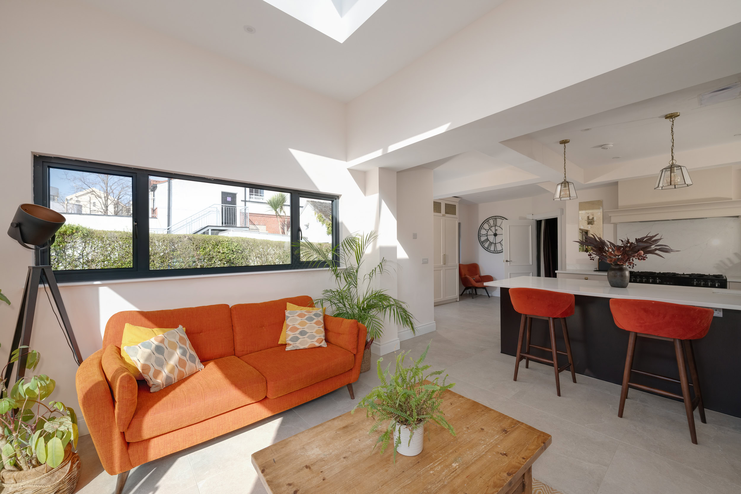 Light and airy open-plan kitchen and living room with high-spec finishes