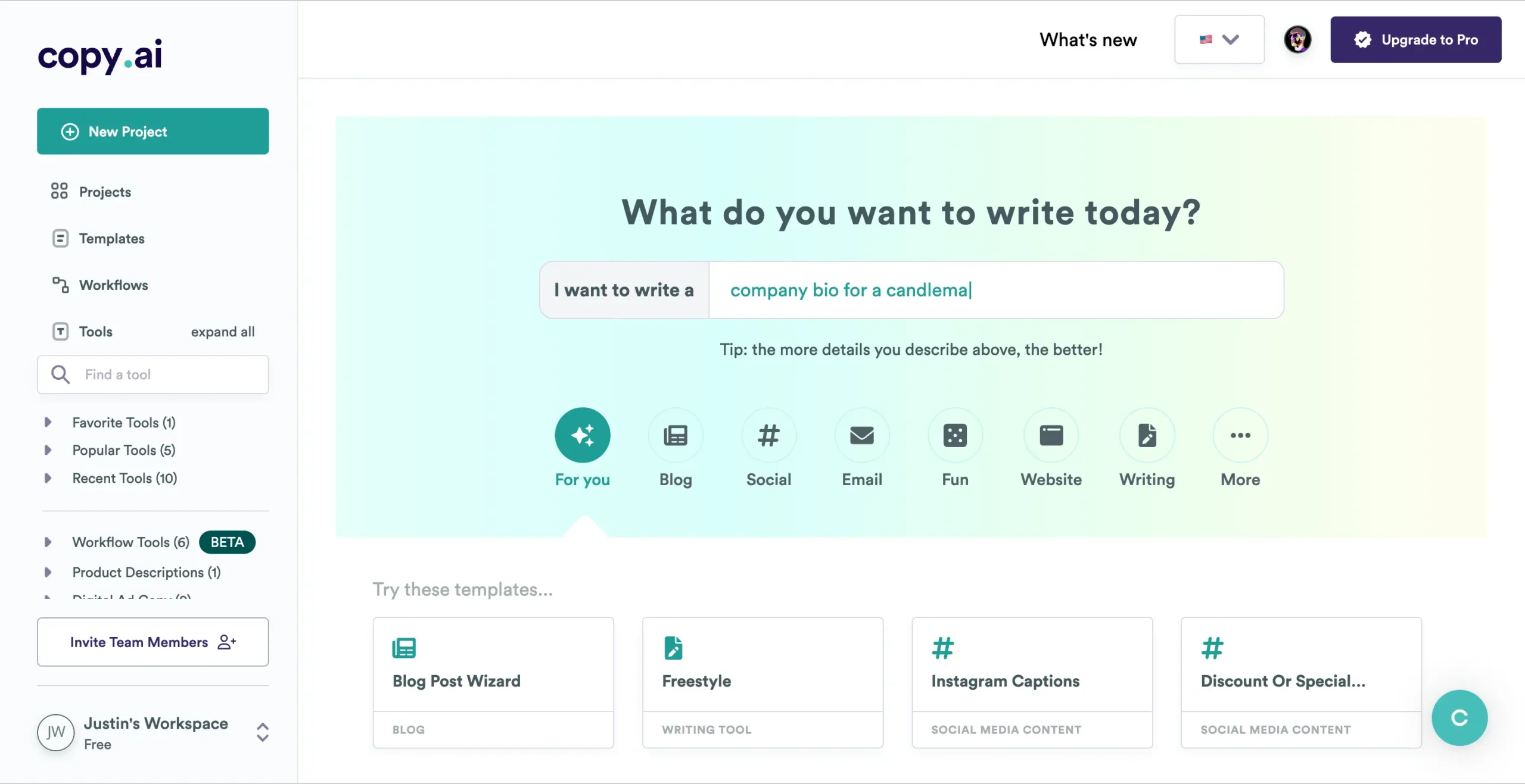 Copy.ai generating written content for solopreneurs.