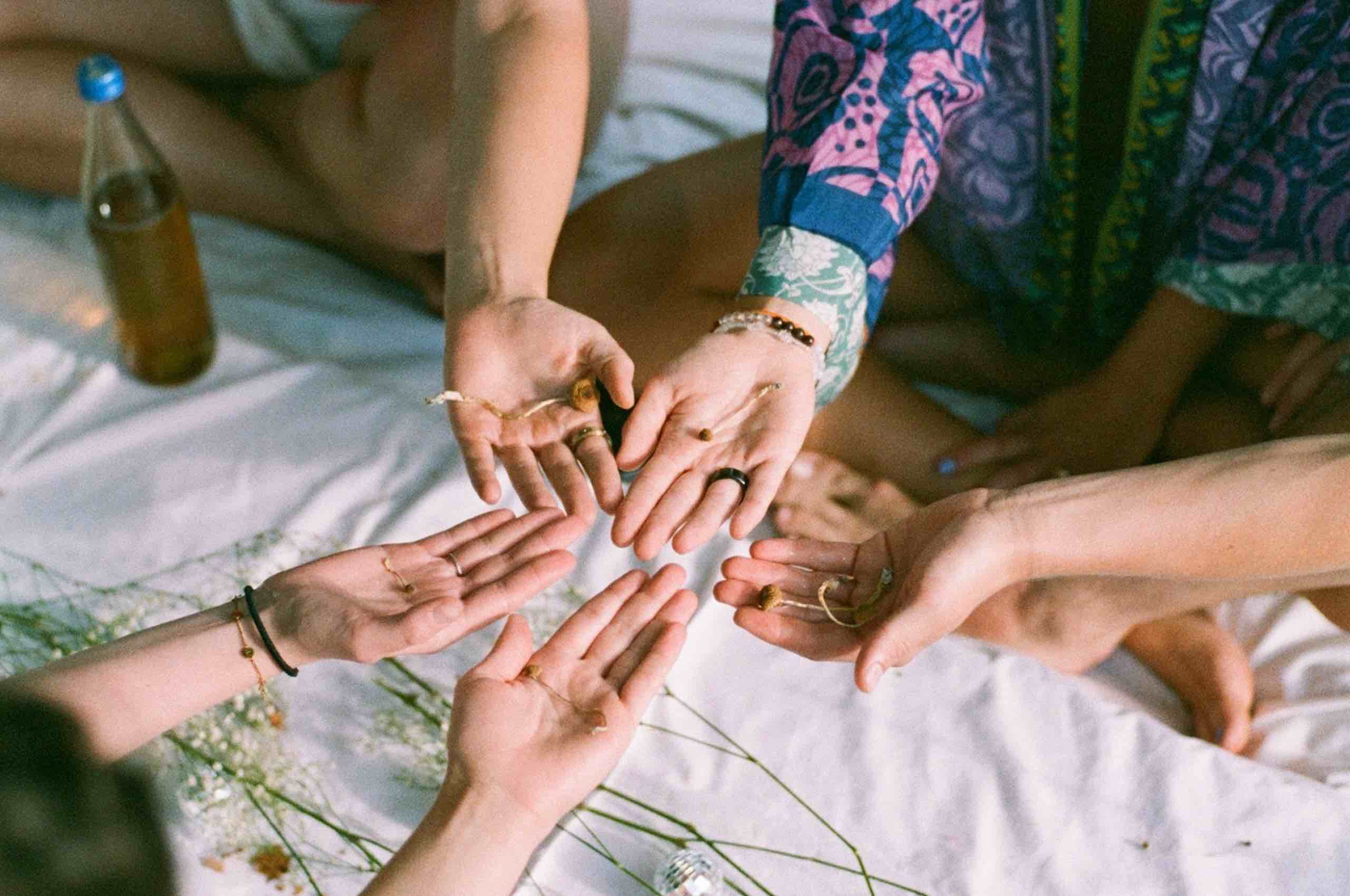 Zauberpilz-Zeremonie. Freunde halten Magic Mushrooms Microdose.