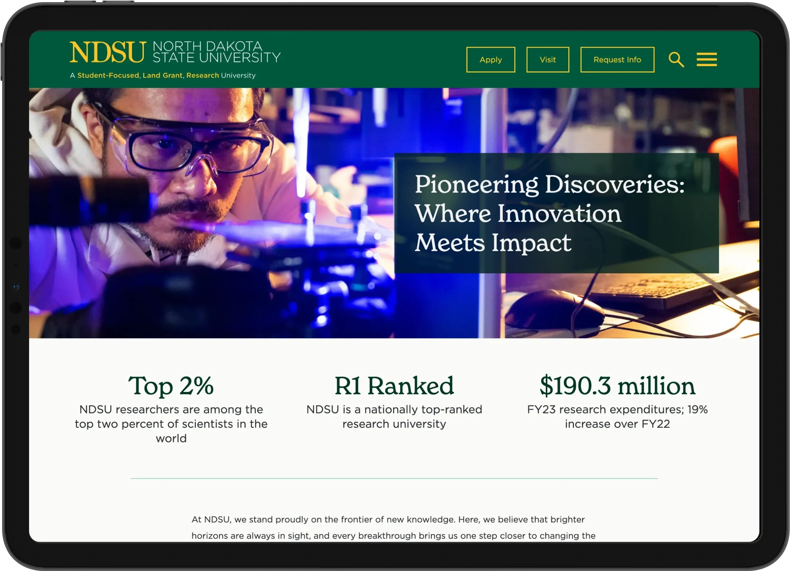 A screenshot of NDSU's 'Research Impact' webpage displayed on an iPad