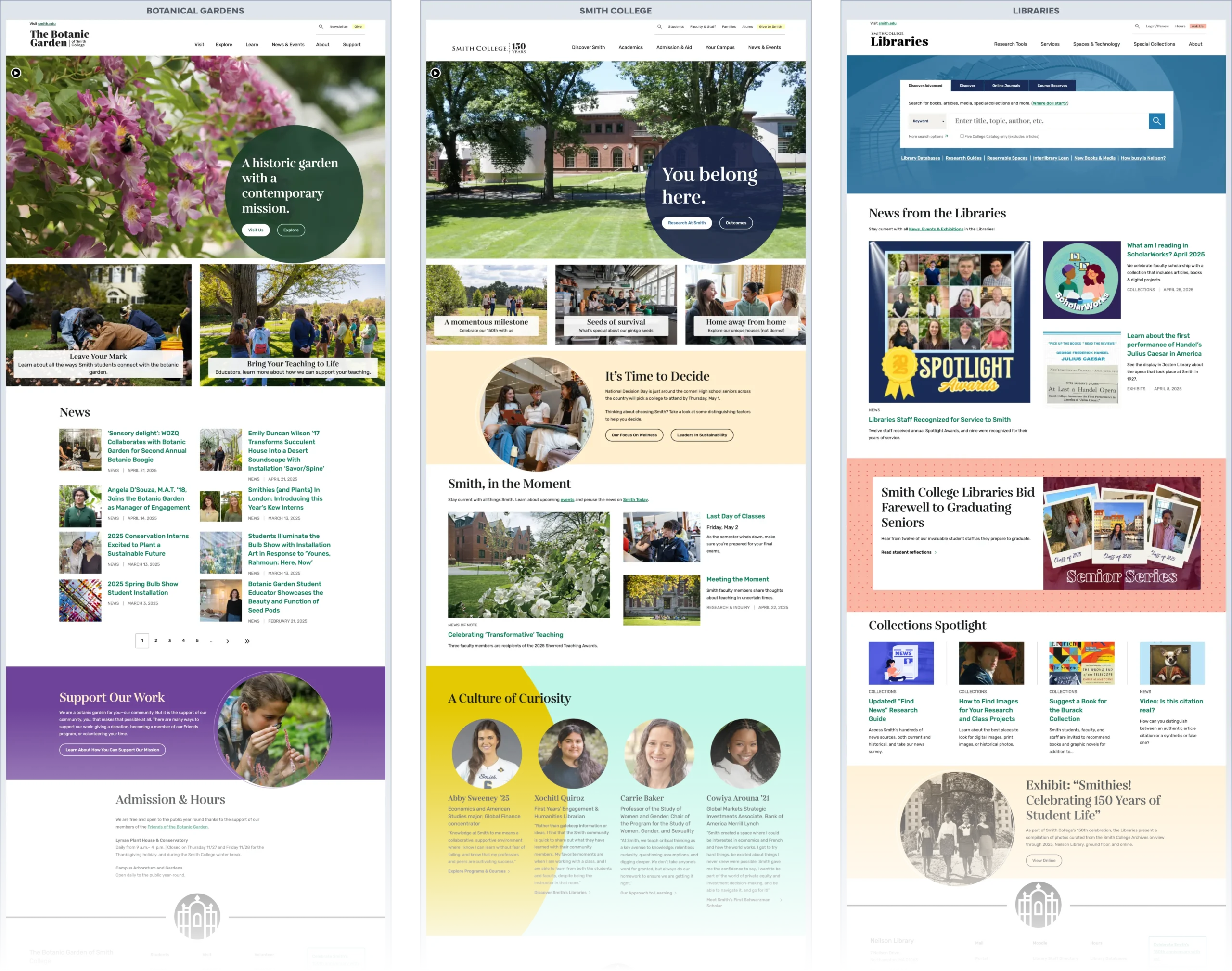 Screenshots of the homepages of the Smith Botanic Gardens, Smith.edu, and Smith Libraries websites