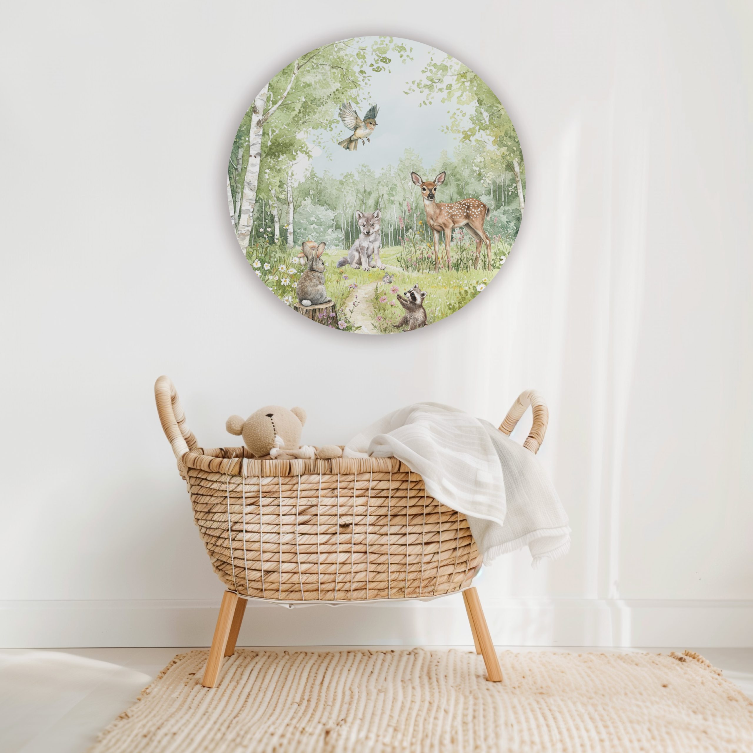 Vrolijk ronde muurcirkel babykamer met hertje, konijntje en vosje in sprookjesbos