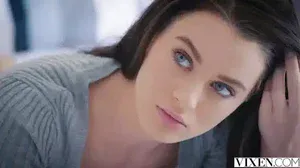 Sexy sister Lana Rhoades undresses in front of her brother and caresses her pussy