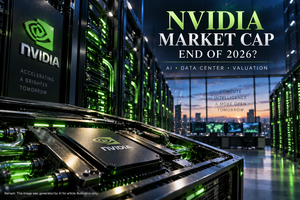 Cinematic Nvidia AI data center with GPU infrastructure for end-of-2026 market-cap analysis