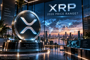 Cinematic XRP sculpture in a global digital-payments trading environment for a 2026 price-threshold analysis