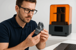 Fachmann prüft ein 3D-gedrucktes Bauteil – professioneller 3D-Druck-Service bei 4D-Manufaktur Schweiz