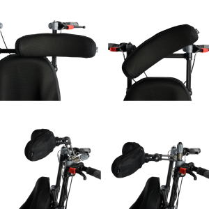 Four-panel image showing contoured adjustable headrest in multiple adjustment positions for height, angle, and lateral positioning