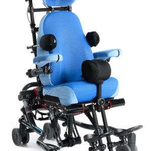 Blue Hilo specialist chair fitted with an adjustable pommel supporting lower limb positioning