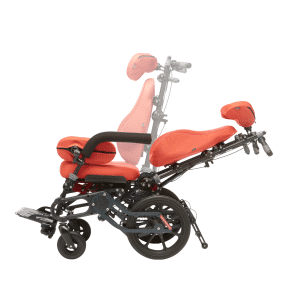Red Chunc One wheelchair shown in a full 180-degree recline position
