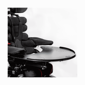 Activity tray accessory fitted to wheelchair providing a stable surface for eating, reading, and activities