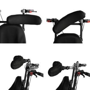 Four-panel image showing contoured adjustable headrest in multiple adjustment positions for height, angle, and lateral positioning