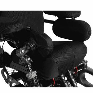 Elbow blockers fitted to a wheelchair, providing lateral arm support