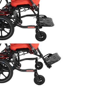 Split image showing a wheelchair footbox in raised and lowered positions