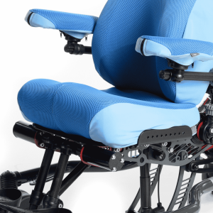 Blue seat cushions fitted to a wheelchair for comfort and pressure distribution