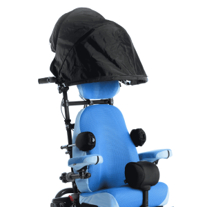 Blue Chunc One wheelchair fitted with sunshade accessory providing overhead protection from sunlight