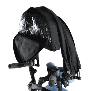 Wheelchair fitted with sunshade and rain cover accessory providing weather protection for outdoor use