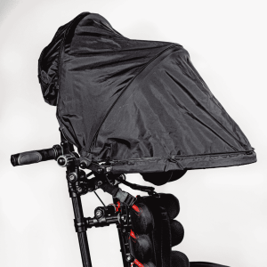 Sunshade accessory fitted to a wheelchair providing overhead protection from sunlight