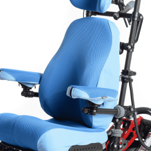Blue supportive back cushion fitted to a wheelchair for postural support and comfort