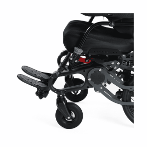Side view close-up of wheelchair footplates supporting feet for correct lower limb positioning