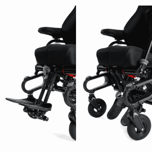 Split image showing wheelchair footplates in raised and lowered positions