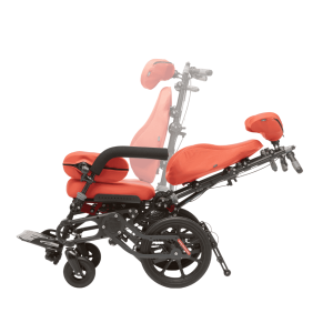 Red Chunc One wheelchair shown in a full 180-degree recline position