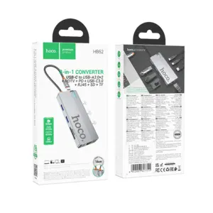 Hub USB-C HB52 HOCO Wow 8-en-1 - Adaptador Multipuerto con HDMI, RJ45, SD/TF, PD, USB-C 3.0 y 2 USB 3.0