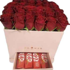 Flower gift box with red roses and KitKat chocolate – Art Of Bloom arrangement by Nectar Flower Shop Nairobi.