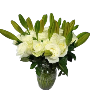 Charming Flower Vase arrangement with 5 Oriental lilies and 24 white roses in a clear glass vase from Nectar Flower Shop Nairobi – perfect for same-day flower delivery in Kenya