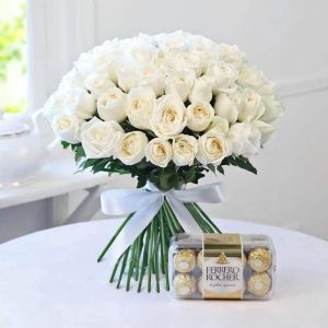 40 white roses with Ferrero Rocher in a romantic bouquet – perfect gift for anniversaries, Valentine's Day, and same-day flower delivery in Nairobi.
