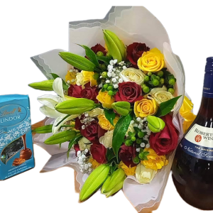 Golden Times Bouquet with 36 red, yellow, and white roses, lilies, baby’s breath, a 750ml Robertson wine bottle, and Lindor salted caramel chocolates.