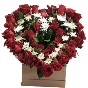I Love You box arrangement with red roses, chrysanthemums, and berries