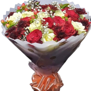 Lady's Night bouquet featuring fresh red and white roses with elegant green fillers, arranged by a professional florist in Nairobi for same-day flower delivery.