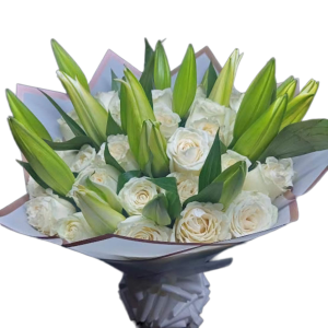 Lilies Bouquet featuring white roses and lilies, an elegant floral arrangement for sympathy, love, or celebration with same-day flower delivery in Nairobi.