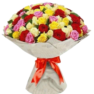 Mellow Yellow bouquet featuring over 50 fresh mixed roses in red, yellow, pink, and white, wrapped in elegant paper with a red ribbon — available for same-day flower delivery in Nairobi, Kenya.