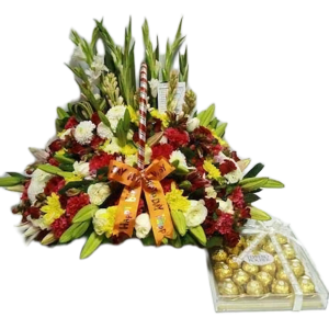 My Special One flower basket with red and white roses, chrysanthemums, lilies, gladiolus, greenery, and a pack of 24 Ferrero chocolates – perfect gift with same-day delivery in Nairobi, Kenya.