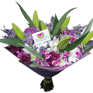 New Day bouquet with oriental lilies, white and purple chrysanthemums, and carnations – fresh flower arrangement from Nectar Flower Shop Nairobi with same-day flower delivery in Kenya
