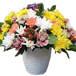 Passion Flower Bouquet in a white textured vase featuring yellow chrysanthemums, white daisies, peach carnations, red hypericum berries, and pink alstroemeria – a vibrant floral arrangement by Nectar Flower Shop Nairobi, perfect for same-day flower delivery in Kenya.