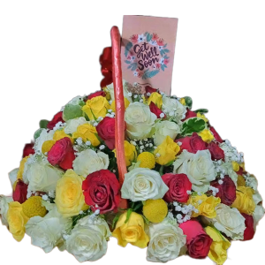 Passionate Basket with red, yellow, and white roses in a wicker basket – romantic flower gift, same-day flower delivery Nairobi