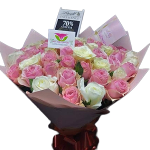 Pink and white roses bouquet with Lindt chocolate gift Nairobi
