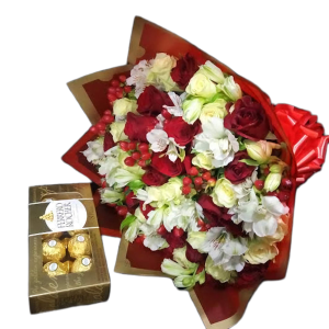 red and white roses and alstroemeria with ferrero chocolate