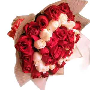 Ring Romance Bouquet with 36 red and white roses, hand-tied and ready for same-day delivery in Nairobi