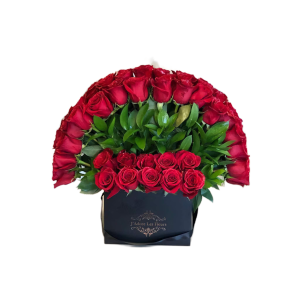 Scarlet Desire Bouquet with premium red roses arranged in a black hat box, luxury flower arrangement from top florist in Nairobi, perfect for romantic gifts and same-day flower delivery in Kenya.