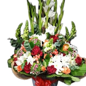 Spring Whispers bouquet from best florist in Nairobi featuring red and orange roses, white chrysanthemums, and gladiolus for same-day flower delivery.