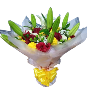 The Smile bouquet with red, yellow, and white roses and lilies – Nairobi same-day delivery